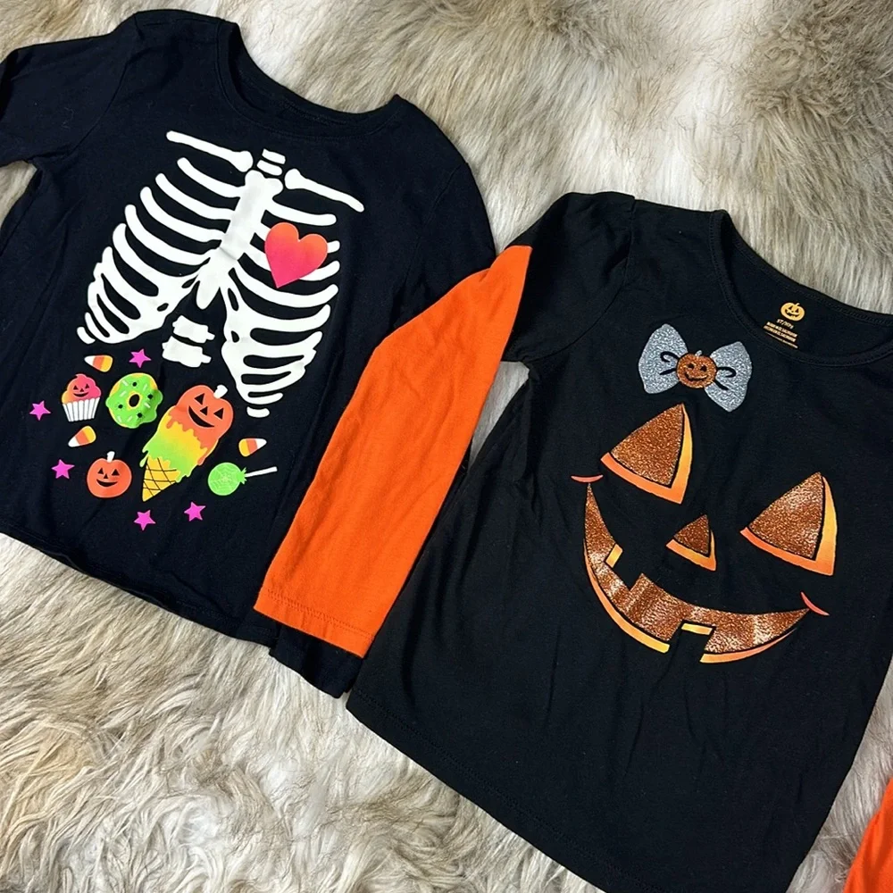 Girls Halloween Shirt Lot Size 5/6 Skeleton Pumpkin Long Sleeve Tops
